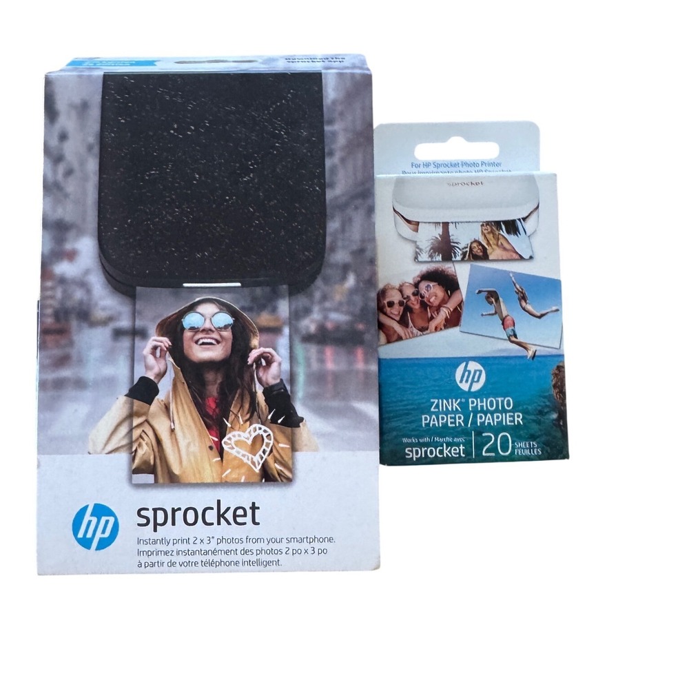 Bundle HP Sprocket Portable Photo Printer Black Noir with 20 Sheets Zink  Paper